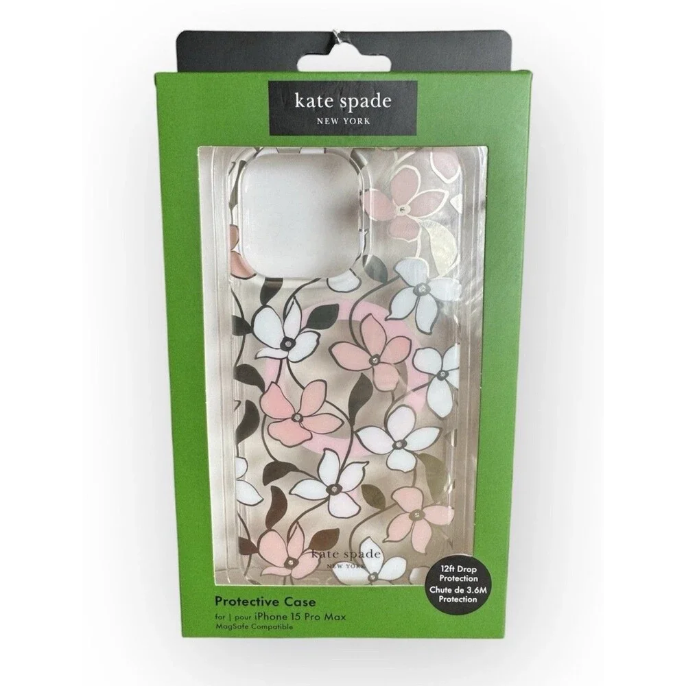 Kate Spade Phone Case for iPhone 15 Pro Max Pink White Floral Blingy NIB New